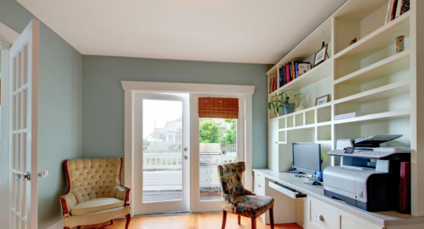 Residential office with teal paint color