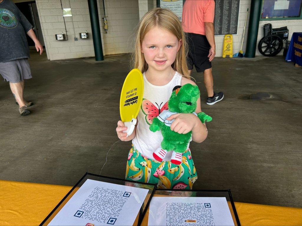 Baysox fan with hand fan and louie plush