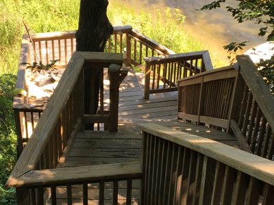 Stairs leading to dock with new clear coat applied