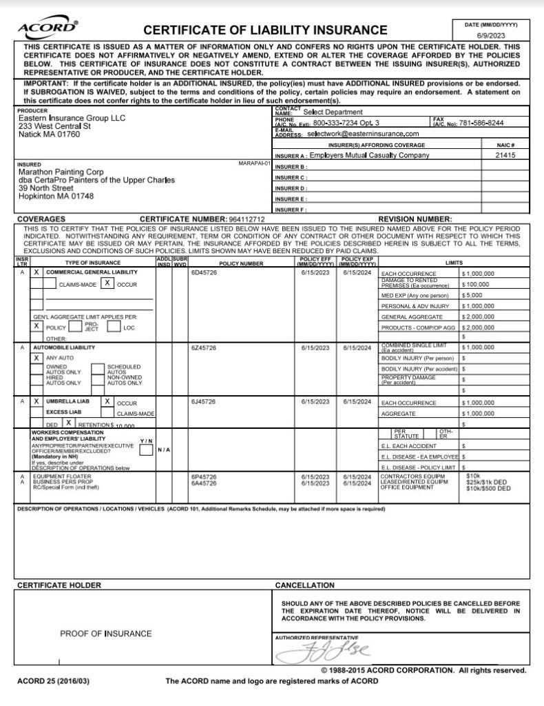 Certificates of Insurance Insured Painting Company