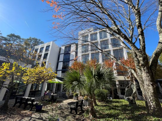 white and navy painted commercial building exterior