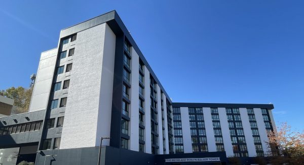 white and navy painted commercial building exterior