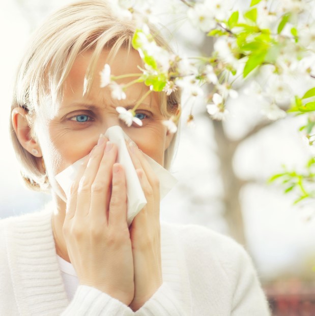 Woman sneezing due to tree pollen like we have here in the south. Especially in Augusta, Evans, Martinez, and all over the CSRA.