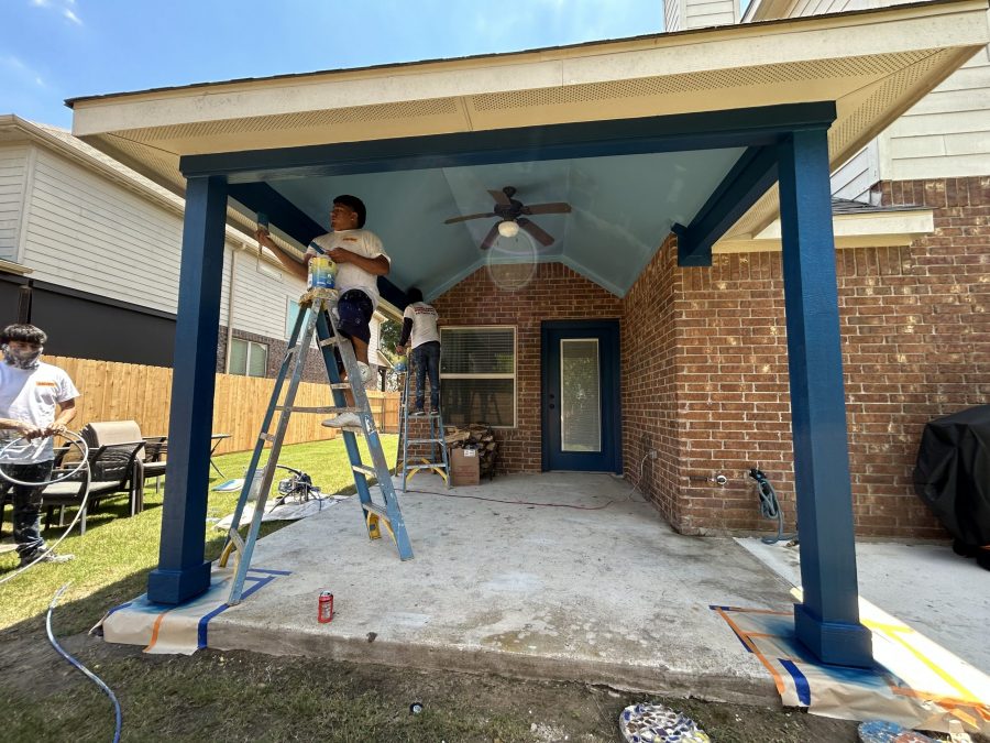 covered porch with two tone blue painted ceiling and posts Preview Image 2