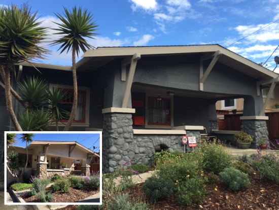 blue single story home with white trim and before photo