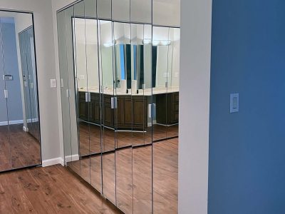 blue and white painted master closet