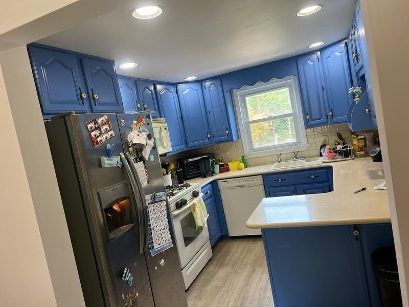 kitchen cabinets after painting blue Preview Image 1