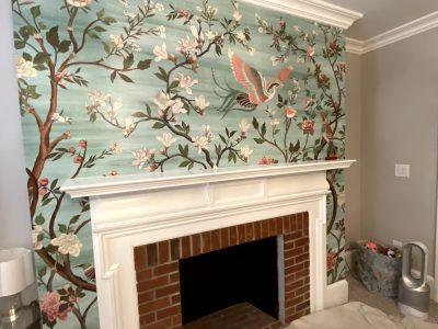 wallpaper installation around fireplace