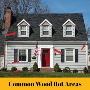 Gray cape home with arrows showing areas of wood rot