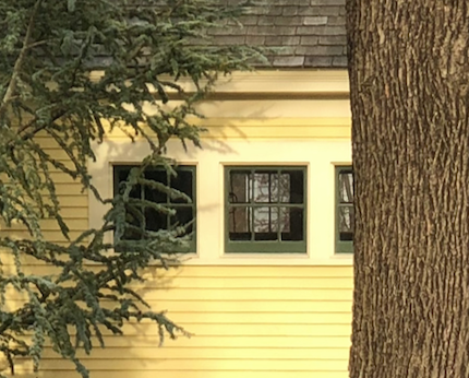 Yellow house with green window grids