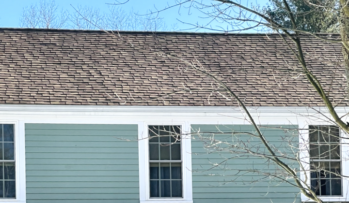 Brown roof on seafoam green home