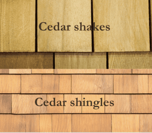 Cedar shakes on top and cedar shingles on the bottom to show the difference between the two.