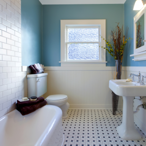 Blue walls with white tiled bathroom