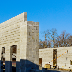 Concrete block building being built in the Boston area
