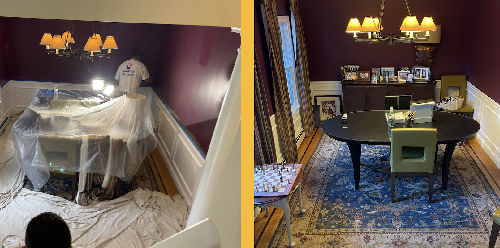 Two photos of the same room, one with furniture and one without to demonstrate the difference of judging a paint color after you've put the furniture back in place.