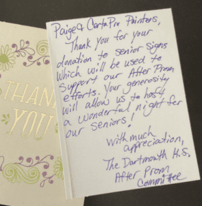 Thank you note from the Dartmouth High School After Prom Committee
