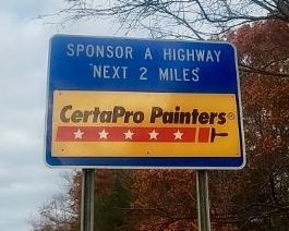 CertaPro Painters logo on Sponsor a Highway sign on Route 3 in Hingham