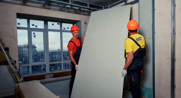 Two men installing a large piece of drywall in a commercial building