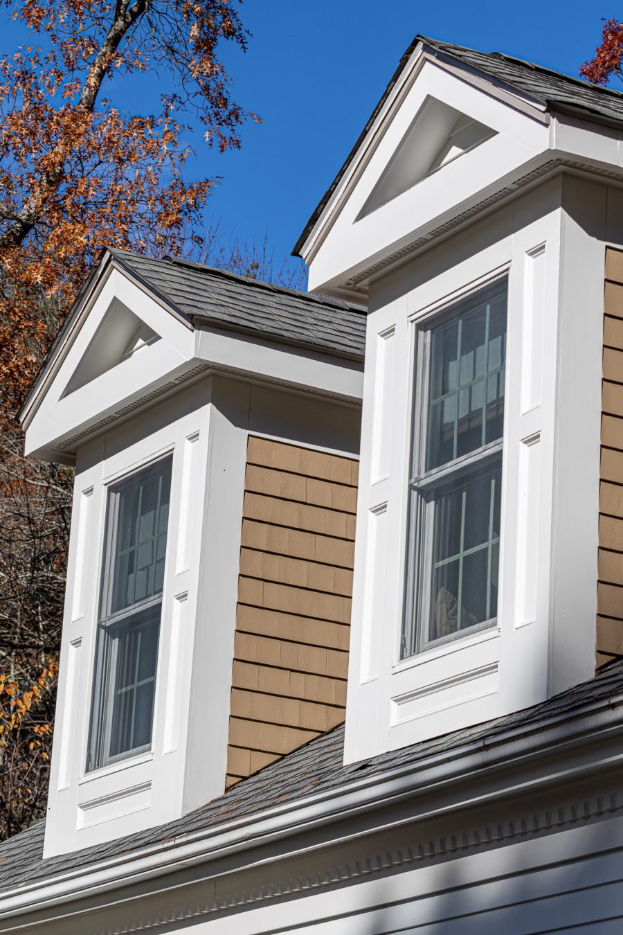 Dormer windows with white trim and tan cedar siding Preview Image 3