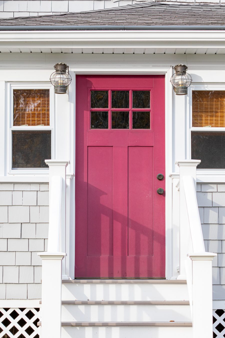 Pink painted front door on white home Preview Image 4