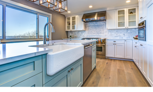 Blue Island with White Cabinets