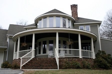 Exterior Painting Project - rounded deck on dark gray home