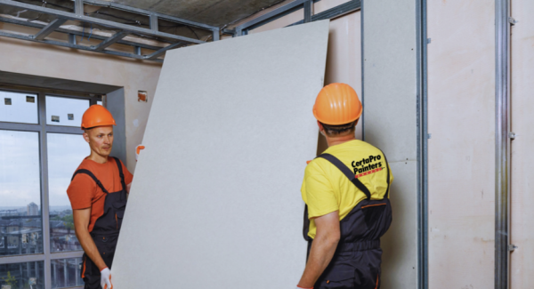 2 men installing drywall in a Boston office building