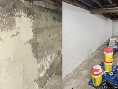 Before and after showing a basement wall being painted white