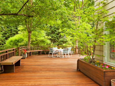 Large mahogany deck with railings