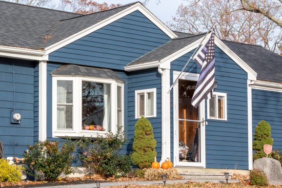 Blue shingle siding with white trim home in Weymouth, MA