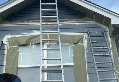 ladder against house during siding repaint