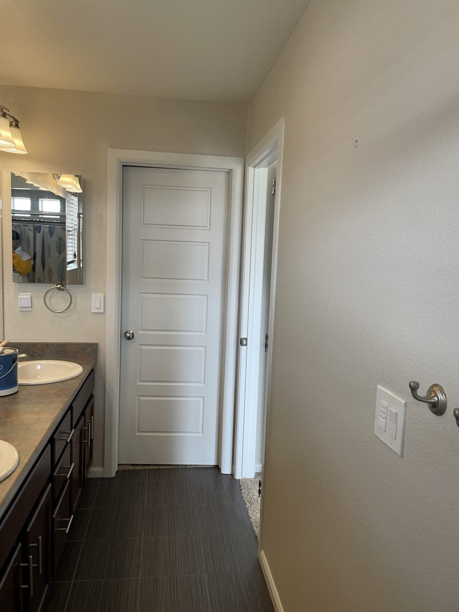 home bathroom with double sink and white painted doors