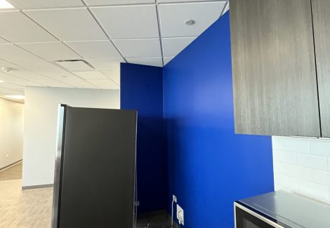 blue accent wall in office kitchen