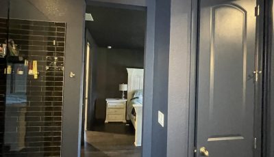 blue color drenched bathroom