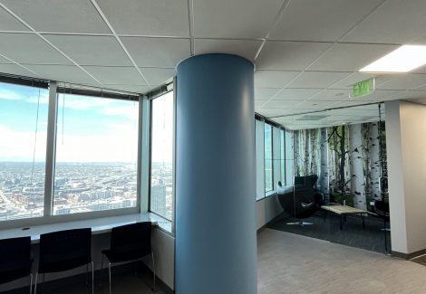 office space with blue painted pillar