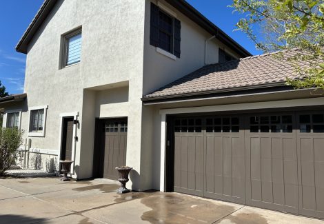 painted garage side of stucco house