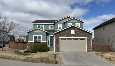 front exterior of house with faux stone and siding painted teal and grey