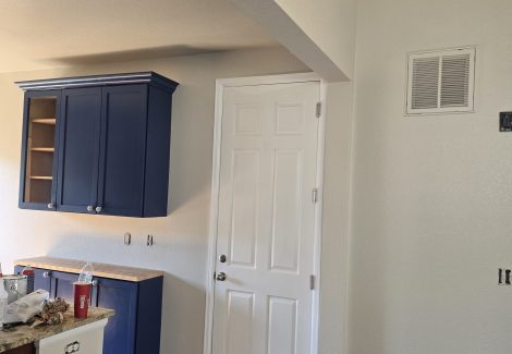 mounted blue cabinets in white home kitchen