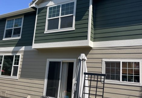back of house with green and tan siding