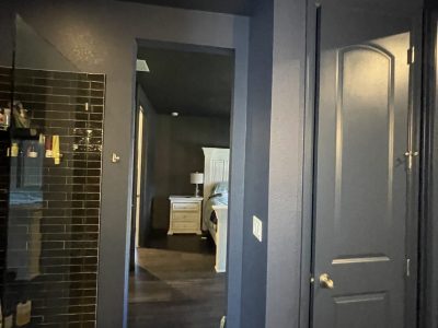 blue color drenched bathroom