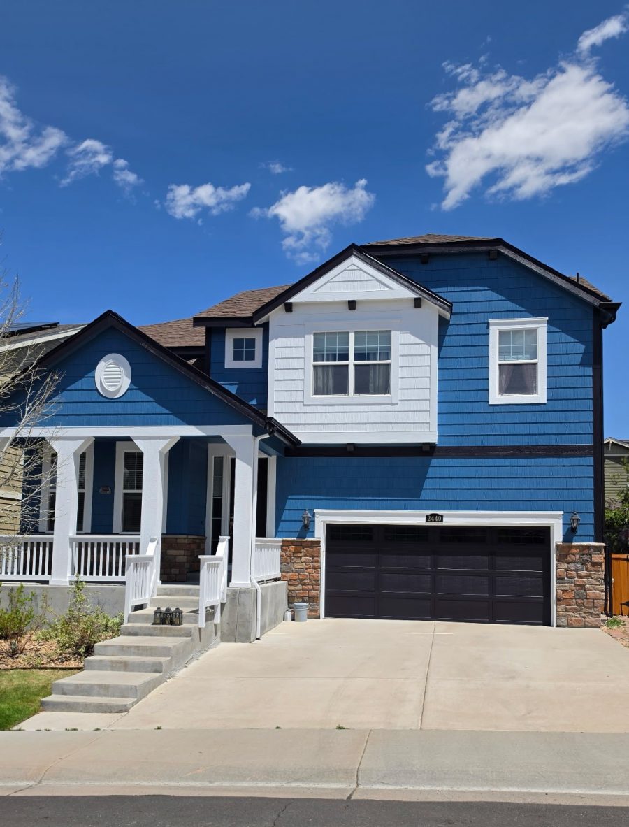 house exterior with blue siding and white accents