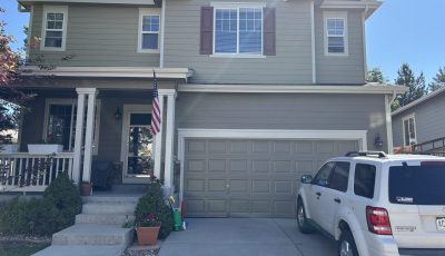 front view of driveway and garage door | two toned siding house
