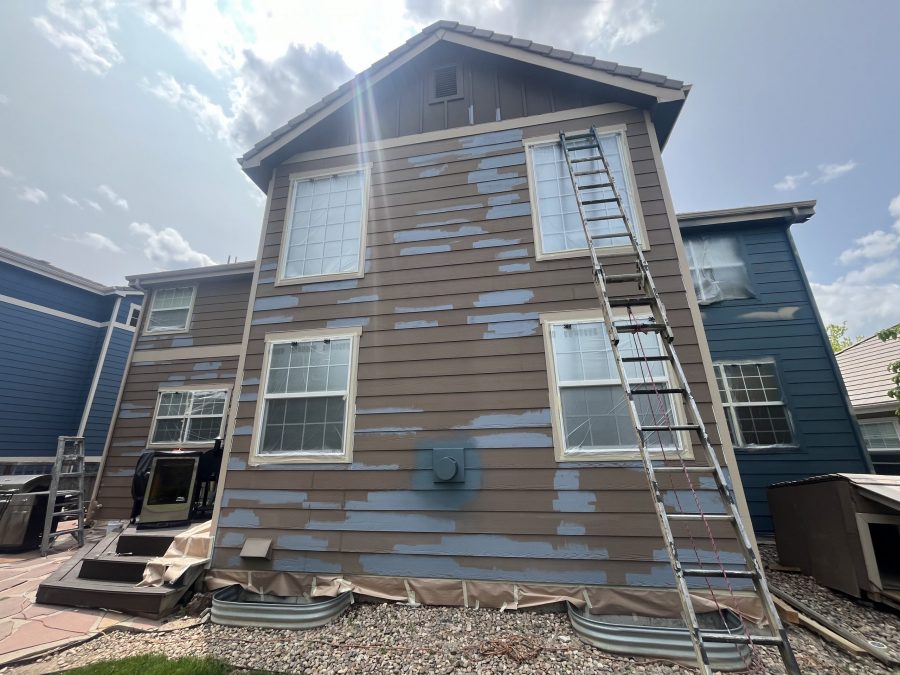 brown-siding house with blue primer spots and ladder Preview Image 7