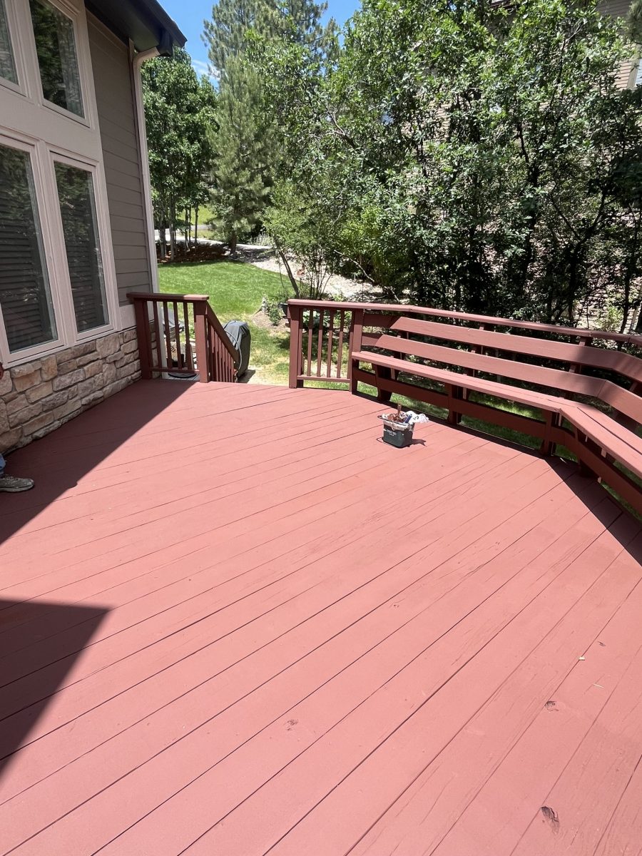 stained deck with built in bench