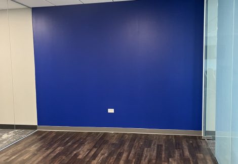 blue accent wall in office space