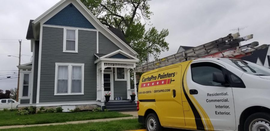 Home refinished with grey and blue paint