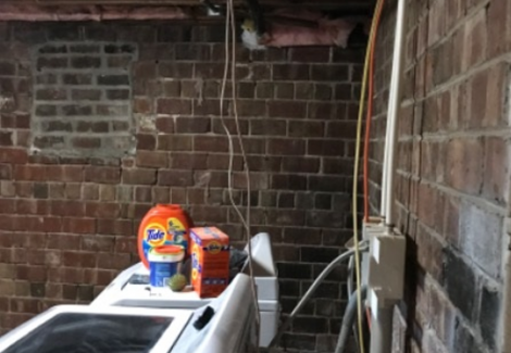 washer and dryer in brick-walled room