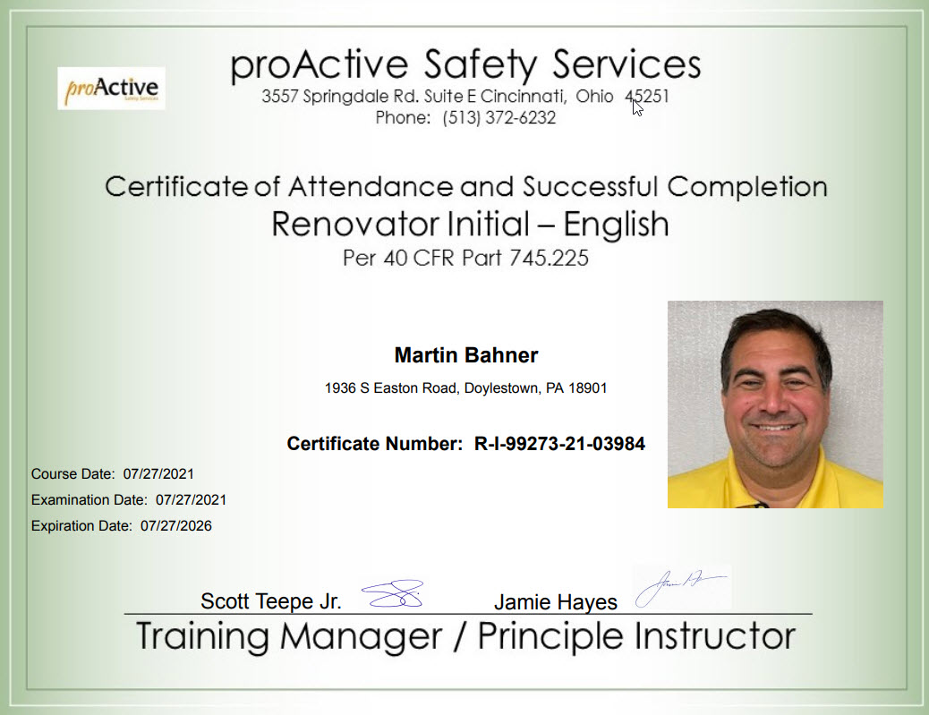 EPA Lead Renovator Certificate