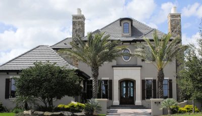 Gray stone stucco exterior of home