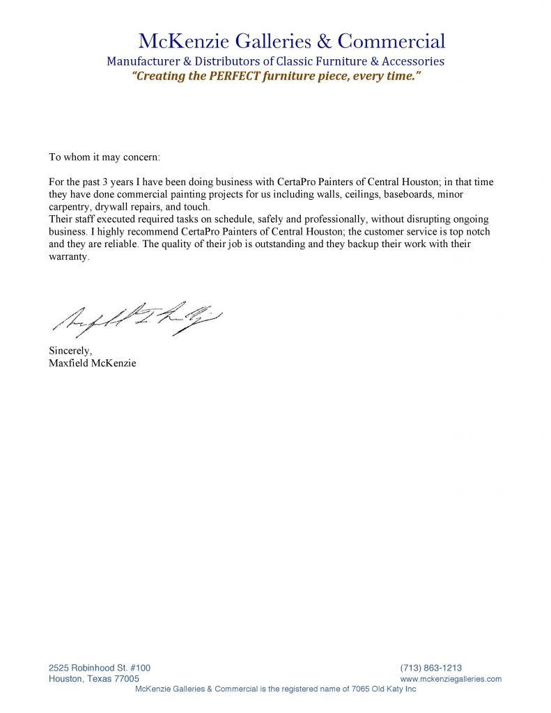 McKenzie Galleries & Commercial Letter of Recommendation